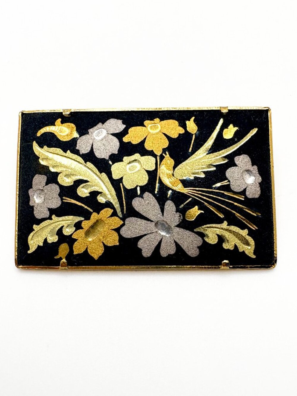 Vintage Damascene Bird Floral Brooch Black Gold Silver Pin